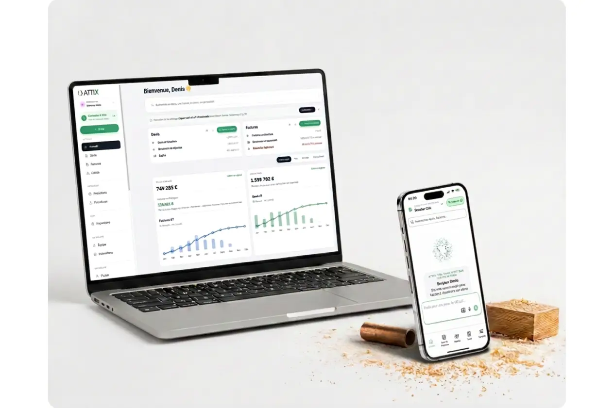 ATTIX sur ordinateur portable et sur téléphone, le tableau de bord et un devis en cours